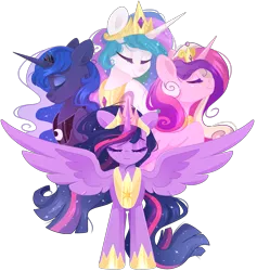 Size: 2163x2283 | Tagged: safe, artist:cinnamontee, derpibooru import, princess cadance, princess celestia, princess luna, princess twilight 2.0, twilight sparkle, twilight sparkle (alicorn), alicorn, pony, the last problem, alicorn tetrarchy, crown, ethereal mane, eyes closed, female, high res, hoof shoes, image, jewelry, mare, older, older twilight, peytral, png, regalia, royal sisters, siblings, simple background, sisters, smiling, spread wings, starry mane, transparent background, wings