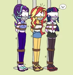 Size: 1512x1553 | Tagged: suggestive, artist:bugssonicx, derpibooru import, starlight glimmer, sunset shimmer, twilight sparkle, equestria girls, blindfold, bondage, clothes, damsel in distress, gag, high heels, image, kidnapped, necktie, pants, pantyhose, png, pole, pole tied, ribbon, rope, rope bondage, sandals, scared, shoes, skirt, socks, stockings, struggling, tape, tape gag, thigh highs, wedge heel