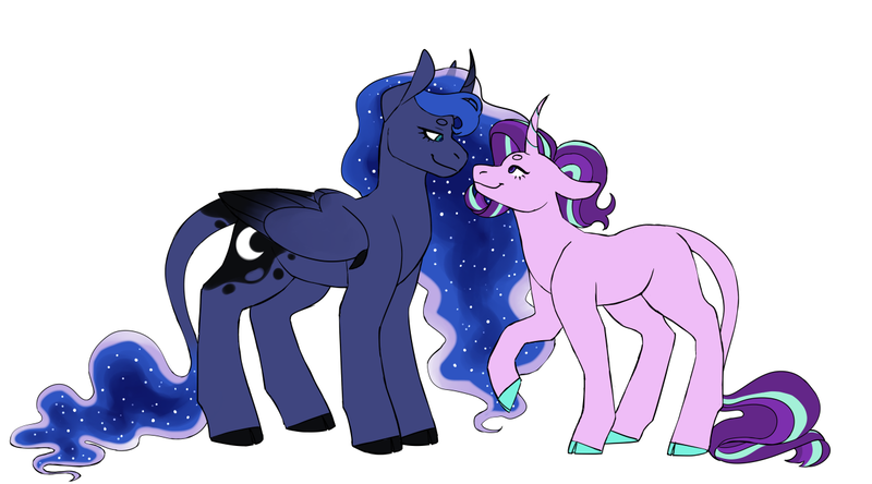 Size: 1280x711 | Tagged: safe, artist:spartalabouche, derpibooru import, princess luna, starlight glimmer, alicorn, classical unicorn, pony, unicorn, blank flank, cloven hooves, curved horn, cutie mark, duo, female, horn, image, leonine tail, lesbian, looking at each other, png, shipping, simple background, smiling, starluna, unshorn fetlocks, white background, wings