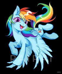 Size: 1600x1893 | Tagged: safe, artist:paipaishuaige, derpibooru import, rainbow dash, pegasus, pony, black background, chest fluff, ear fluff, female, image, jpeg, lightly watermarked, looking at you, mare, open mouth, simple background, solo, watermark