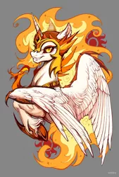 Size: 1378x2039 | Tagged: safe, artist:paipaishuaige, derpibooru import, daybreaker, philomena, alicorn, phoenix, pony, duo, ear fluff, fangs, female, gray background, grin, image, jpeg, looking at you, mare, simple background, smiling, spread wings, sun, unshorn fetlocks, wings