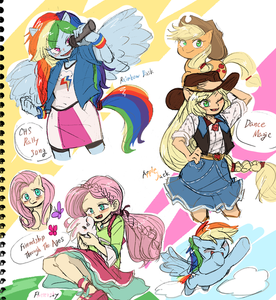 Size: 2852x3104 | Tagged: safe, artist:ameame_trine, derpibooru import, applejack, fluttershy, rainbow dash, butterfly, earth pony, insect, pegasus, pony, rabbit, dance magic, equestria girls, friendship through the ages, spoiler:eqg specials, animal, cloud, cute, flying, folk fluttershy, high res, human ponidox, image, microphone, one eye closed, open mouth, pixiv, png, ponied up, self ponidox, wink