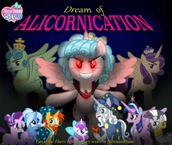 Size: 1920x1623 | Tagged: safe, artist:aleximusprime, derpibooru import, cozy glow, princess flurry heart, star swirl the bearded, trixie, zecora, oc, oc:king kriegspiel, oc:queen kriegspiel, alicorn, pony, unicorn, zebra, fanfic, flurry heart's story, alicorn amulet, alternate hairstyle, babysitter trixie, bow, bun, clothes, dream of alicornication, fanfic art, fanfic cover, female, filly, filly flurry heart, glasses, hair bun, hat, hoodie, image, male, older, older flurry heart, older twilight sparkle (alicorn), parent, png, wizard hat
