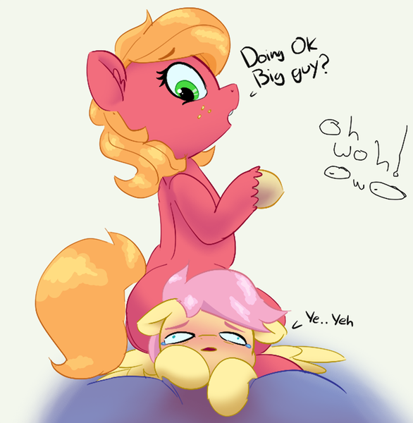 Size: 763x781 | Tagged: safe, artist:pabbley, color edit, derpibooru import, edit, big macintosh, fluttershy, pony, blushing, butt, butterreina, butterscotch, colored, dialogue, female, fluttermac, flutterseat, green background, image, larger female, macareina, male, plot, png, rule 63, shipping, simple background, sitting, size difference, smaller male, straight, this will end in death by snu snu