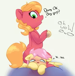 Size: 763x781 | Tagged: safe, artist:pabbley, color edit, derpibooru import, edit, big macintosh, fluttershy, pony, blushing, butt, butterreina, butterscotch, colored, dialogue, female, fluttermac, flutterseat, green background, image, larger female, macareina, male, plot, png, rule 63, shipping, simple background, sitting, size difference, smaller male, straight, this will end in death by snu snu