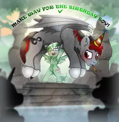 Size: 2898x2974 | Tagged: safe, artist:jesterpi, derpibooru import, oc, oc:broken flare, oc:jester pi, dracony, dragon, hybrid, pegasus, background, birthday, birthday gift, blushing, crowd, happy, happy birthday, hat, horn, horns, hot, hot springs, image, jpeg, jungle, lifted up, lifting, lifting ponies, limp, misty brightdawn, party hat, rock, scales, size difference, smiling, springs, stair, standing, standing on two hooves, stone, text, water, wings