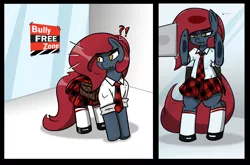 Size: 3162x2081 | Tagged: safe, artist:n-o-n, derpibooru import, oc, oc:jessi-ka, pony, against glass, bipedal, bully, clothes, glass, image, necktie, panel, png, school, skirt, socks, solo, spying
