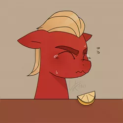 Size: 2863x2863 | Tagged: safe, artist:krautvan, derpibooru import, sprout cloverleaf, earth pony, crying, drawing, fanart, food, g5, image, jpeg, lemon, scrunchy face, solo, sour, wholesome