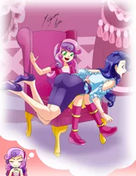 Size: 1280x1657 | Tagged: safe, artist:shinta-girl, derpibooru import, rarity, sweetie belle, human, equestria girls, blushing, boots, boutique, breasts, carousel boutique, chair, clothes, crying, curtains, dream, eyes closed, female, high heels, human coloration, humanized, image, imagining, jpeg, makeup, open mouth, punishment, shoes, smiling, spanking, thought bubble