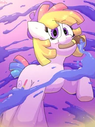 Size: 1249x1673 | Tagged: safe, artist:spritecranbirdie, derpibooru import, toola roola, earth pony, pony, abstract background, barrette, cutie mark, female, hat, image, paint, paintbrush, painting, png, solo, sparkles