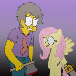 Size: 2048x2048 | Tagged: safe, artist:haileykitty69, derpibooru import, fluttershy, human, pegasus, pony, .mov, shed.mov, axe, bipedal, chainsaw, crossover, female, fluttershed, image, male, mare, png, seymour skinner, the simpsons, weapon