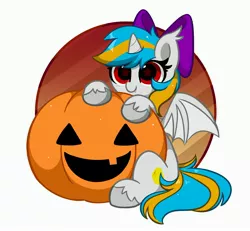 Size: 3670x3387 | Tagged: safe, artist:kittyrosie, derpibooru import, part of a set, oc, unofficial characters only, alicorn, bat pony, bat pony alicorn, pony, bat pony oc, bat wings, commission, halloween, holiday, horn, image, jpeg, pumpkin, solo, wings, ych result