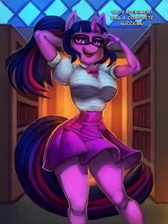 Size: 2700x3600 | Tagged: suggestive, artist:general-irrelevant, derpibooru import, part of a set, sci-twi, twilight sparkle, oc, oc:palette painter, ponified, anthro, dog, plantigrade anthro, pony, unicorn, adjusting glasses, anthro oc, anthro to pony, bow, bowtie, box, breast expansion, breasts, butt, canterlot high, character to character, clothes, commission, curvy, dialogue, drink, equestria girls outfit, equestria girls ponified, female, furry, furry oc, furry to pony, glasses, growth, horn, hourglass figure, image, implied oc, implied transformation, implied transgender transformation, library, lunchbox, male, male to female, open mouth, open smile, part of a series, png, ponytail, rule 63, sequence, shirt, skirt, smiling, solo, text, thicc thighs, thighlight sparkle, thighs, thunder thighs, transformation, transformation sequence, transgender transformation