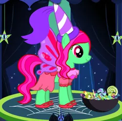 Size: 389x388 | Tagged: safe, derpibooru import, minty, earth pony, fairy, pony, bowl, candy, clothes, costume, fairy princess, fairy princess outfit, fairy wings, fairyized, food, g3, g3 to g4, g4, generation leap, halloween, halloween costume, hat, holiday, image, lollipop, nightmare night, nightmare night costume, pink dress, png, pony maker, ponymaker, princess, princess costume, princess hat, princess minty, purple wings, shoes, wings