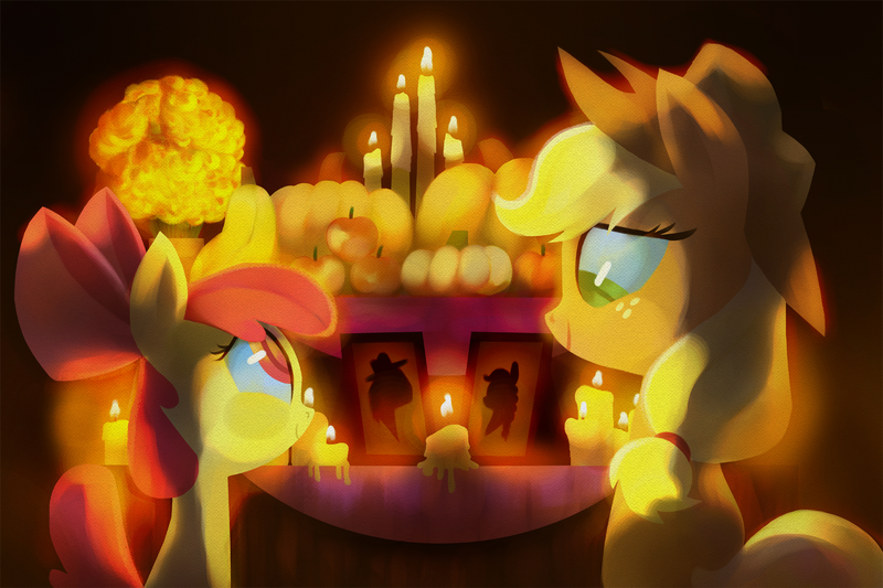 Size: 1500x1000 | Tagged: safe, artist:talonsofwater, derpibooru import, apple bloom, applejack, earth pony, pony, candle, dia de los muertos, female, filly, image, implied bright mac, implied pear butter, mare, png, siblings