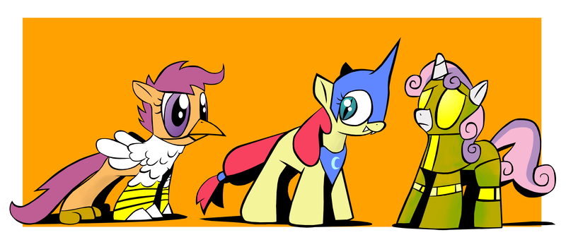 Size: 3500x1500 | Tagged: safe, artist:talonsofwater, derpibooru import, apple bloom, scootaloo, sweetie belle, earth pony, pegasus, pony, unicorn, animal costume, chicken suit, clothes, costume, cutie mark crusaders, female, filly, image, nightmare moon costume, nightmare night, png, robot costume, scootachicken