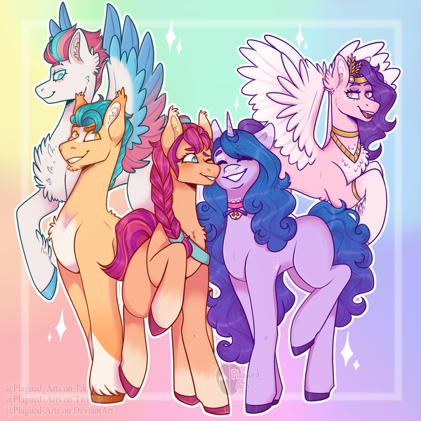 Size: 2000x2000 | Tagged: safe, artist:plagued-arts, derpibooru import, hitch trailblazer, izzy moonbow, pipp petals, sunny starscout, zipp storm, my little pony: a new generation, spoiler:my little pony: a new generation, female, g5, image, izzyscout, lesbian, mane five (g5), png, shipping