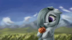 Size: 4000x2250 | Tagged: safe, artist:flusanix, derpibooru import, marble pie, earth pony, pony, cloud, cute, female, field, grass, holding, image, jpeg, marblebetes, mare, mountain, pumpkin, rock, sky, smiling, solo