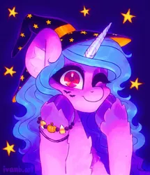 Size: 1762x2048 | Tagged: safe, artist:p0nyplanet, derpibooru import, izzy moonbow, pony, unicorn, my little pony: a new generation, spoiler:my little pony: a new generation, bracelet, clothes, costume, cute, ear fluff, g5, halloween, halloween costume, hat, holiday, image, izzybetes, jewelry, jpeg, one eye closed, wink, witch hat