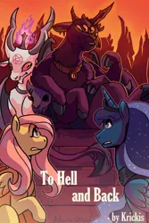 Size: 750x1125 | Tagged: safe, artist:overlordneon, derpibooru import, fluttershy, princess luna, alicorn, demon, pegasus, fanfic, fanfic:to hell and back, baphomet, commission, extra eyes, extra legs, fanfic art, fanfic cover, hell, image, jpeg, satan, text