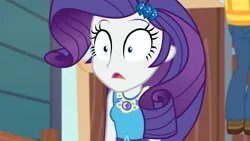 Size: 3410x1920 | Tagged: safe, derpibooru import, screencap, rarity, equestria girls, equestria girls series, rollercoaster of friendship, female, geode of shielding, hairpin, high res, image, jpeg, magical geodes, open mouth, rarity peplum dress, solo