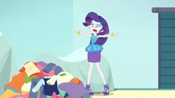 Size: 3410x1920 | Tagged: safe, derpibooru import, screencap, rarity, equestria girls, equestria girls series, rollercoaster of friendship, armpits, bracelet, clothes, cutie mark, cutie mark on clothes, eyes closed, female, geode of shielding, hairpin, high heels, high res, image, jewelry, jpeg, magical geodes, open mouth, rarity peplum dress, shoes, solo