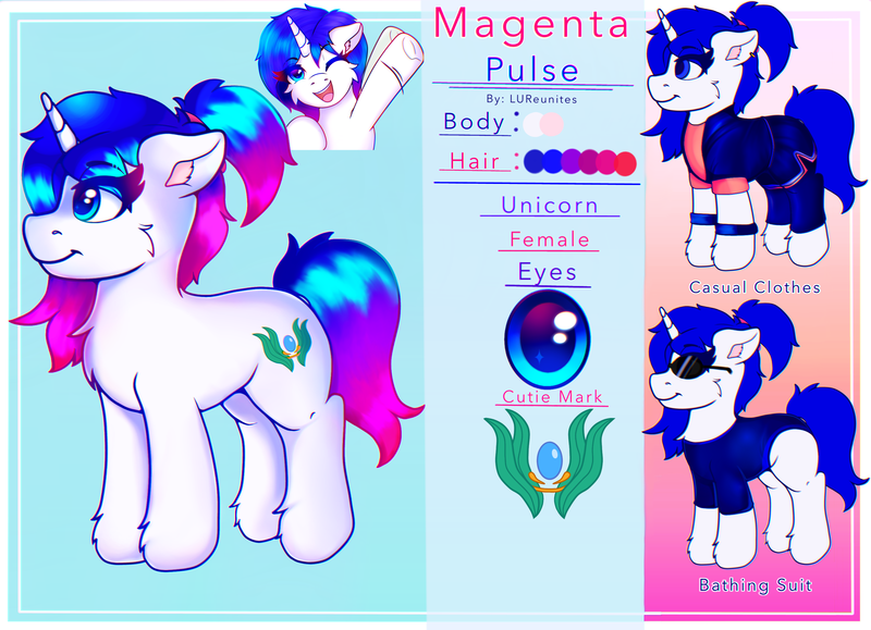 Size: 3120x2258 | Tagged: safe, artist:legionsunite, derpibooru import, oc, oc:magenta pulse, unofficial characters only, pony, unicorn, clothes, image, png, ponytail, profile, reference sheet, simple background, text