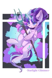 Size: 1378x2039 | Tagged: safe, artist:qamar, derpibooru import, starlight glimmer, pony, unicorn, equal cutie mark, glow, glowing horn, horn, image, jpeg, s5 starlight, smiling, solo, staff, staff of sameness