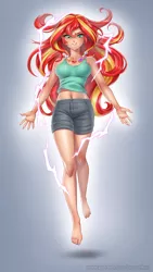 Size: 1000x1770 | Tagged: safe, artist:racoonsan, derpibooru import, sunset shimmer, human, 2020s, 2021, barefoot, clothes, confident, denim shorts, feet, female, geode of empathy, geode of fauna, geode of shielding, geode of sugar bombs, geode of super speed, geode of super strength, geode of telekinesis, grey bottomwear, humanized, image, jewelry, jpeg, levitation, long hair, looking at you, magic, magical geodes, midriff, necklace, shorts, smiling, solo, solo female, tanktop, teal topwear, telekinesis, tomboy, two toned hair