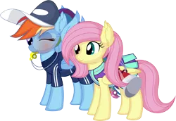 Size: 8722x5997 | Tagged: safe, artist:cyanlightning, derpibooru import, fluttershy, rainbow dash, alternate hairstyle, baseball cap, blowing, blowing whistle, blushing, cap, cheerleader, cheerleader fluttershy, cheerleader outfit, clothes, coach rainbow dash, coaching cap, coaching whistle, commission, cute, dashabetes, ear fluff, gameloft interpretation, gym teacher rainbow dash, hat, head cheerleader fluttershy, high res, image, implied school of friendship, megaphone, one eye closed, pants, png, ponytail, puffy cheeks, rainbow dashs coaching whistle, red face, shyabetes, sports, spread wings, sweatpants, whistle, whistle necklace, wings, wink