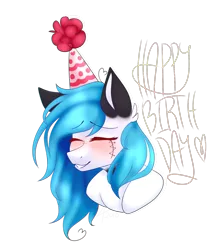 Size: 1353x1581 | Tagged: safe, artist:daringpineapple, derpibooru import, oc, oc:beats, unofficial characters only, pony, blushing, bust, eyes closed, female, happy birthday, hat, image, mare, party hat, png, simple background, solo, transparent background