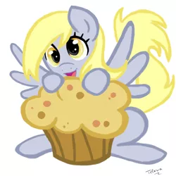 Size: 1200x1200 | Tagged: safe, artist:telasra, derpibooru import, derpy hooves, pegasus, pony, eyelashes, female, food, image, mare, micro, muffin, png, simple background, smiling, solo, white background, wings