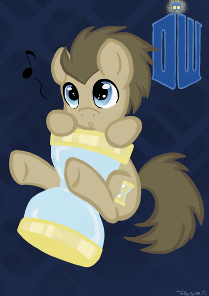 Size: 595x842 | Tagged: safe, artist:telasra, derpibooru import, doctor whooves, time turner, earth pony, pony, abstract background, hourglass, image, male, micro, music notes, png, smiling, solo, stallion