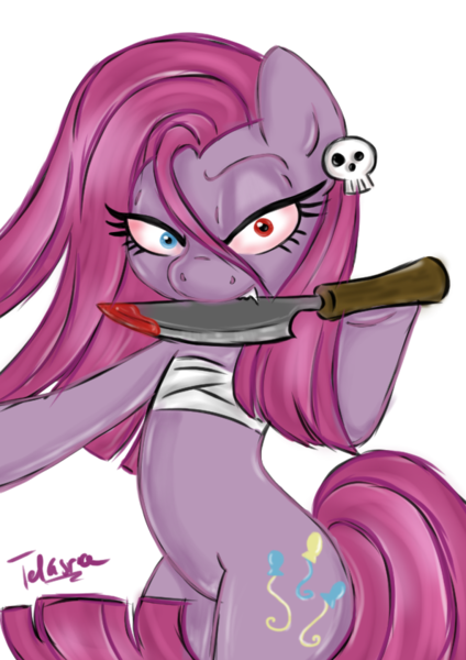 Size: 595x842 | Tagged: safe, artist:telasra, derpibooru import, pinkie pie, earth pony, pony, bandage, blade lick, blood, ear piercing, female, heterochromia, image, mare, piercing, pinkamena diane pie, png, signature, simple background, smiling, solo, transparent background