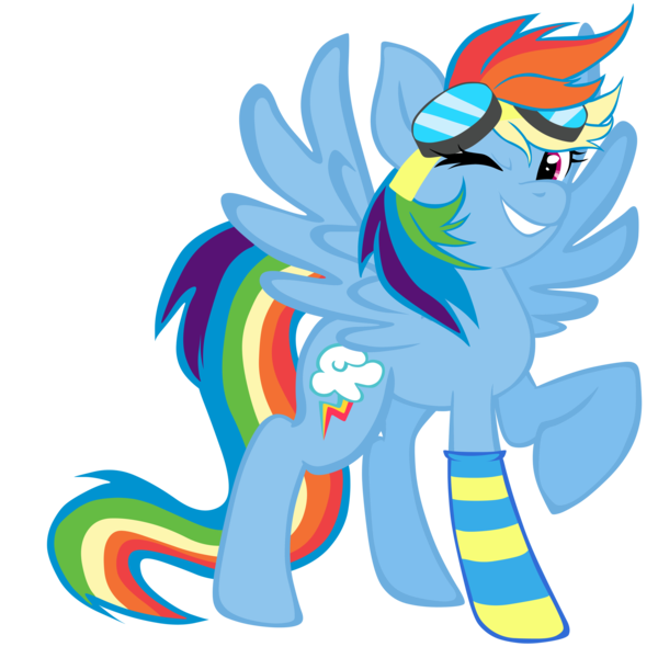 Size: 2449x2449 | Tagged: safe, artist:telasra, derpibooru import, rainbow dash, pegasus, pony, clothes, female, goggles, grin, image, mare, png, simple background, smiling, socks, solo, striped socks, transparent background, wings