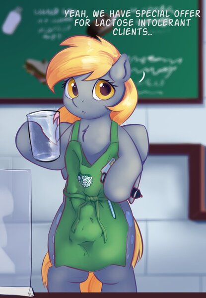 Size: 973x1406 | Tagged: questionable, artist:drafthoof, derpibooru import, derpy hooves, pegasus, semi-anthro, :o, apron, clothes, crotch bulge, dialogue, futa, futa derpy hooves, hoof hold, iced latte with breast milk, image, implied cum, intersex, jpeg, looking at you, meme, naked apron, open mouth, partial nudity, solo, solo futa, starbucks