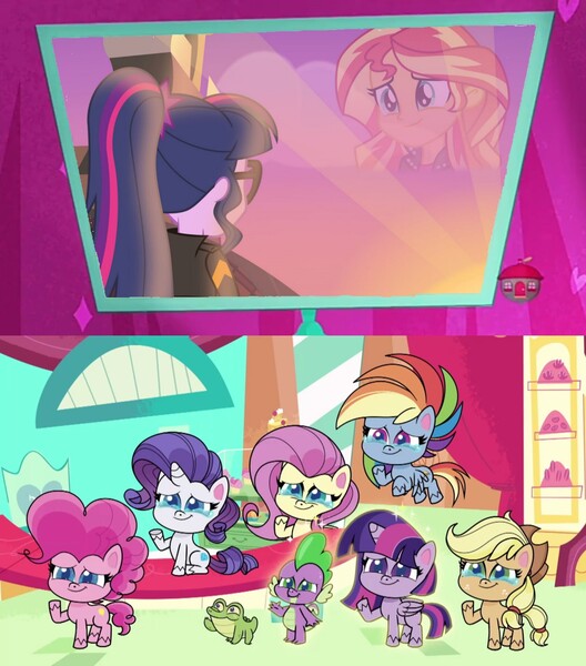 Size: 1675x1903 | Tagged: safe, derpibooru import, applejack, fluttershy, pinkie pie, rainbow dash, rarity, sci-twi, spike, sunset shimmer, twilight sparkle, equestria girls, equestria girls series, my little pony: pony life, spoiler:pony life s02e28, crying, goodbye, image, jpeg, wild heart beats