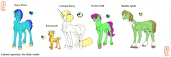 Size: 3600x1206 | Tagged: safe, artist:anelaponela, derpibooru import, oc, oc:cocktail party, oc:paintmash, oc:rambo apple, oc:spray paint, oc:vector field, earth pony, pony, unicorn, fallout equestria, colt, ear fluff, earth pony oc, fallout equestria: the daily unlife, female, headcanon, horn, image, leonine tail, male, png, redesign, reference sheet, simple background, smiling, solo, tail, unicorn oc