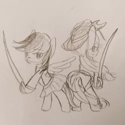 Size: 540x540 | Tagged: safe, artist:snowzaaah, derpibooru import, applejack, rainbow dash, earth pony, pegasus, pony, appledash, appledashdailydoodles, crossover, doodle, female, image, jpeg, lesbian, monochrome, pencil drawing, revue starlight, shipping, sketch, traditional art