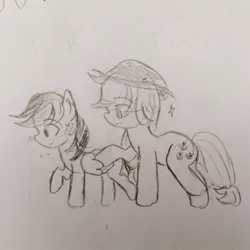 Size: 640x640 | Tagged: safe, artist:snowzaaah, derpibooru import, applejack, rainbow dash, earth pony, pegasus, pony, appledash, appledashdailydoodles, doodle, female, image, jpeg, lesbian, monochrome, pencil drawing, shipping, sketch, traditional art