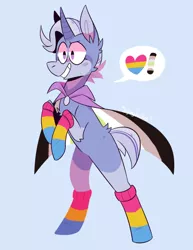 Size: 640x829 | Tagged: safe, artist:daniefox, derpibooru import, trixie, pony, unicorn, alternate hairstyle, chest fluff, clothes, curved horn, grin, headcanon, heart, horn, image, pansexual, pansexual pride flag, png, pride, pride flag, smiling, socks, solo