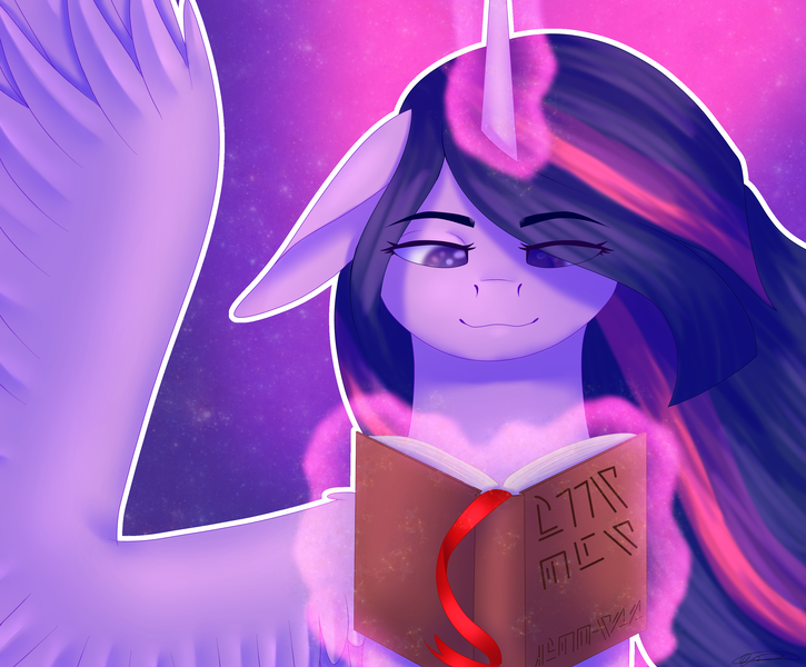 Size: 3000x2483 | Tagged: safe, artist:ermy-poo, derpibooru import, twilight sparkle, twilight sparkle (alicorn), alicorn, pony, book, bust, female, image, magic, mare, png, solo, telekinesis