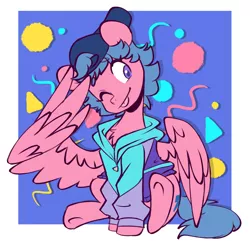 Size: 1984x1910 | Tagged: safe, artist:chub-wub, derpibooru import, firefly, pegasus, pony, :p, backwards ballcap, baseball cap, cap, clothes, cute, female, hat, hoodie, image, jpeg, mare, one eye closed, ponytober, sitting, solo, tongue out, wing hands, wings, wink