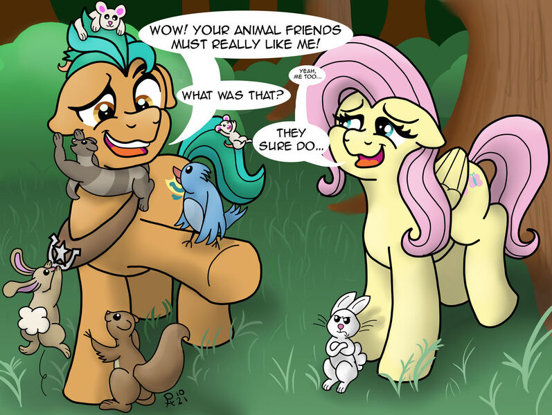 Size: 1280x964 | Tagged: safe, artist:pony-thunder, derpibooru import, angel bunny, fluttershy, hitch trailblazer, animal, comic, forest, g5, image, jpeg, text, tree