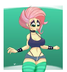 Size: 1000x1071 | Tagged: suggestive, artist:inky_mitts, derpibooru import, fluttershy, equestria girls, alternate hairstyle, belly button, bra, bracelet, breasts, busty fluttershy, choker, clothes, ear piercing, earring, eyeshadow, female, flutterpunk, g string, image, jewelry, lipstick, makeup, midriff, panties, piercing, png, shorts, socks, solo, solo female, spiked choker, spiked wristband, stockings, striped socks, thigh highs, underwear, wristband