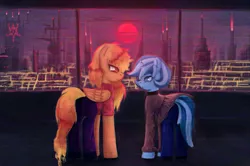Size: 2237x1487 | Tagged: safe, artist:menalia, derpibooru import, oc, oc:freezy coldres, oc:shiny flames, unofficial characters only, pegasus, pony, unicorn, aesthetics, balcony, butt, city, clothes, female, horn, image, lesbian, mare, neon, night, pants, plot, png, shirt, shoes, skirt, skyscraper, smiling, sun, t-shirt, window, wings