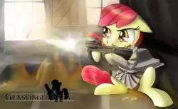 Size: 2500x1530 | Tagged: safe, artist:chopsticks, derpibooru import, apple bloom, earth pony, pony, clothes, dress, female, filly, gun, gunslinger girl, image, parody, png, solo, weapon