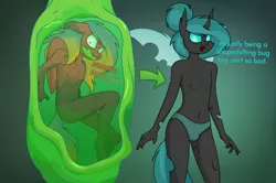 Size: 2827x1873 | Tagged: suggestive, artist:moonatik, derpibooru import, oc, oc:moonatik, anthro, changeling, pegasus, unguligrade anthro, belly button, butt, changelingified, changeling oc, changeling slime, clothes, cocoon, crotch bulge, femboy, hair bun, horn, image, large butt, male, male nipples, nipples, nudity, pants, partial nudity, pecs, pegasus oc, png, slime gag, solo, solo male, species swap, topless, transformation, wide hips, wings
