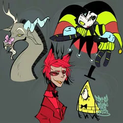 Size: 2048x2048 | Tagged: safe, artist:void_paint, derpibooru import, discord, butterfly, draconequus, insect, 2021, alastor, antlers, bill cipher, bowtie, clothes, drawing, fangs, floating hat, glass eye, gray background, hat, hazbin hotel, horn, image, jpeg, male, sharp teeth, signature, simple background, suit, teeth, tongue out, top hat, yellow teeth