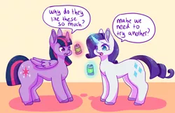 Size: 1280x828 | Tagged: safe, artist:fatfurparadise, derpibooru import, part of a set, rarity, twilight sparkle, twilight sparkle (alicorn), alicorn, pony, unicorn, backwards cutie mark, can, commission, dialogue, duo, female, image, jpeg, looking at each other, magic, mare, open mouth, telekinesis, this will end in weight gain
